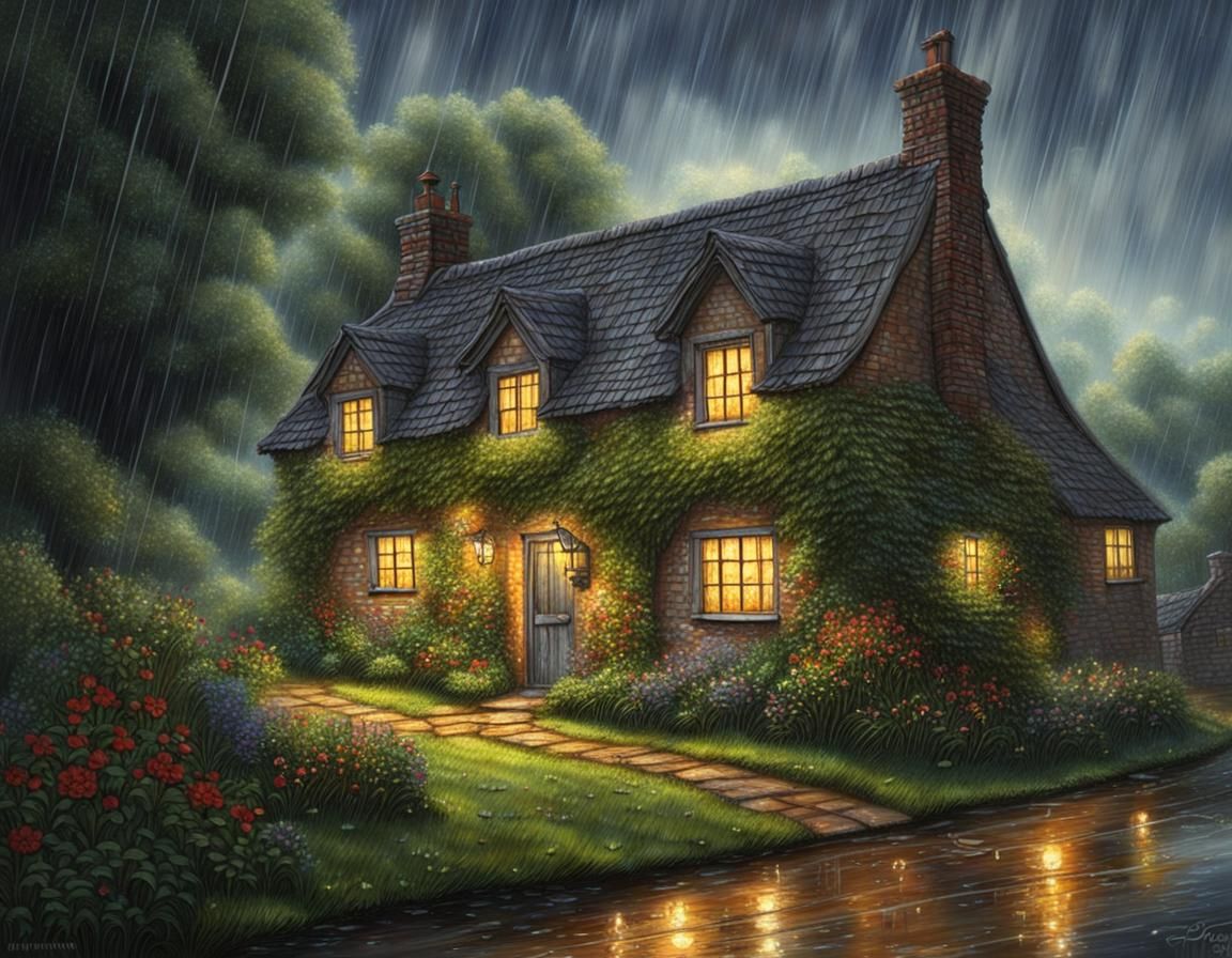 Luminous Rain Over Old English Cottage