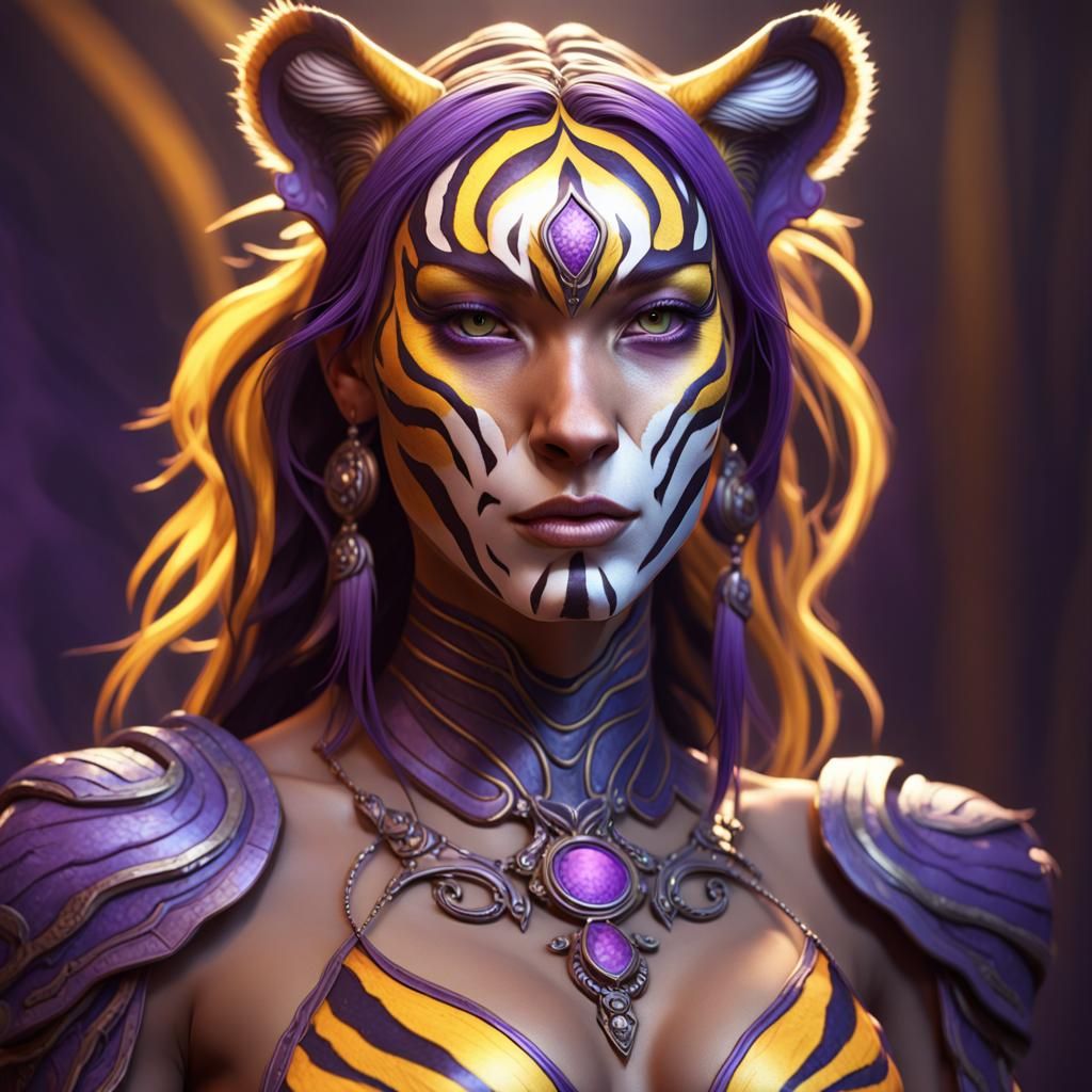 Fantasy Tiger Woman in Dark, Hyperdetailed Style