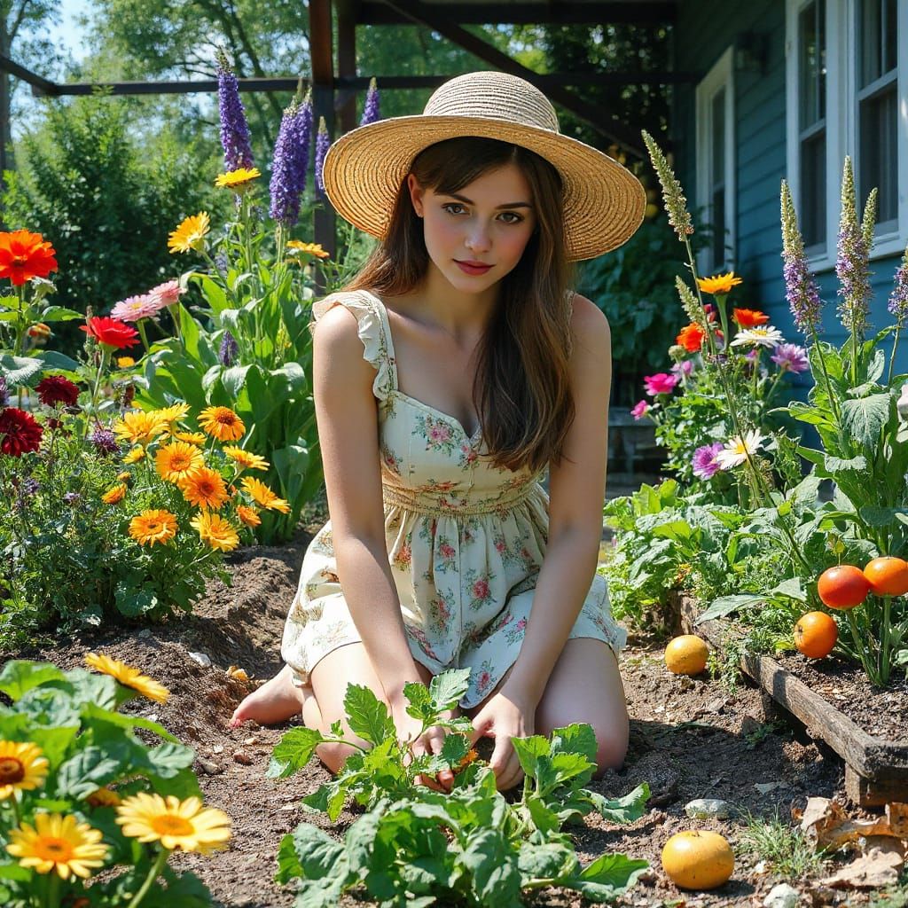 Woman Gardening in Lush Cottage Garden: Hyperrealistic Art