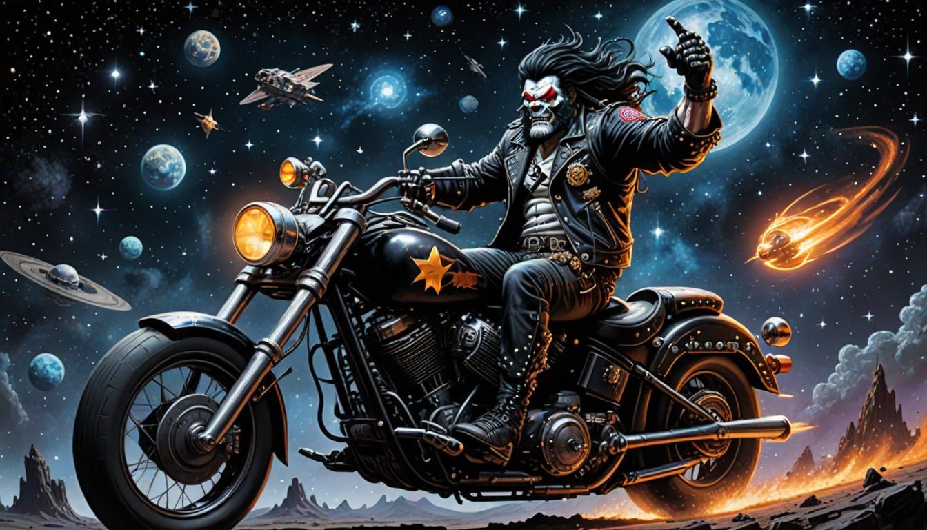 Cosmic Hero Rides Spacehog Chopper Across Starry Galactic Ba...