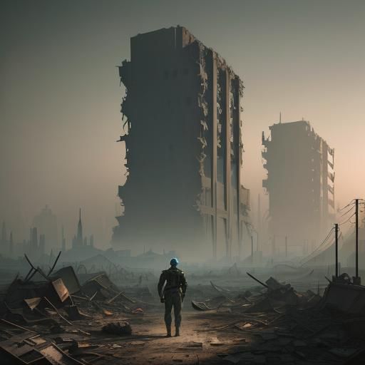 Post-Apocalyptic Survivor with Dog in Ruined Landscape