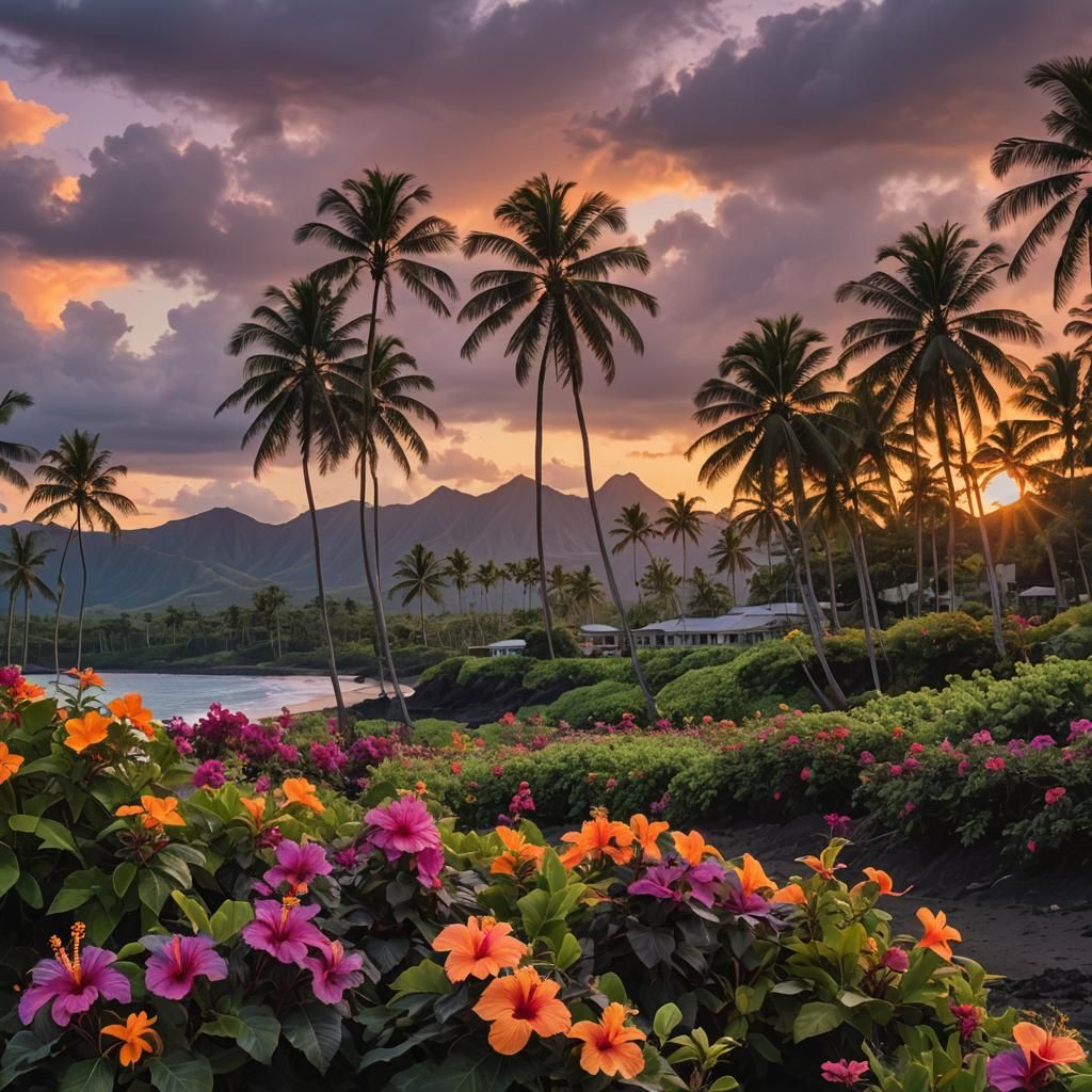 Vibrant Hawaiian Beach Sunset in Cinematic Style
