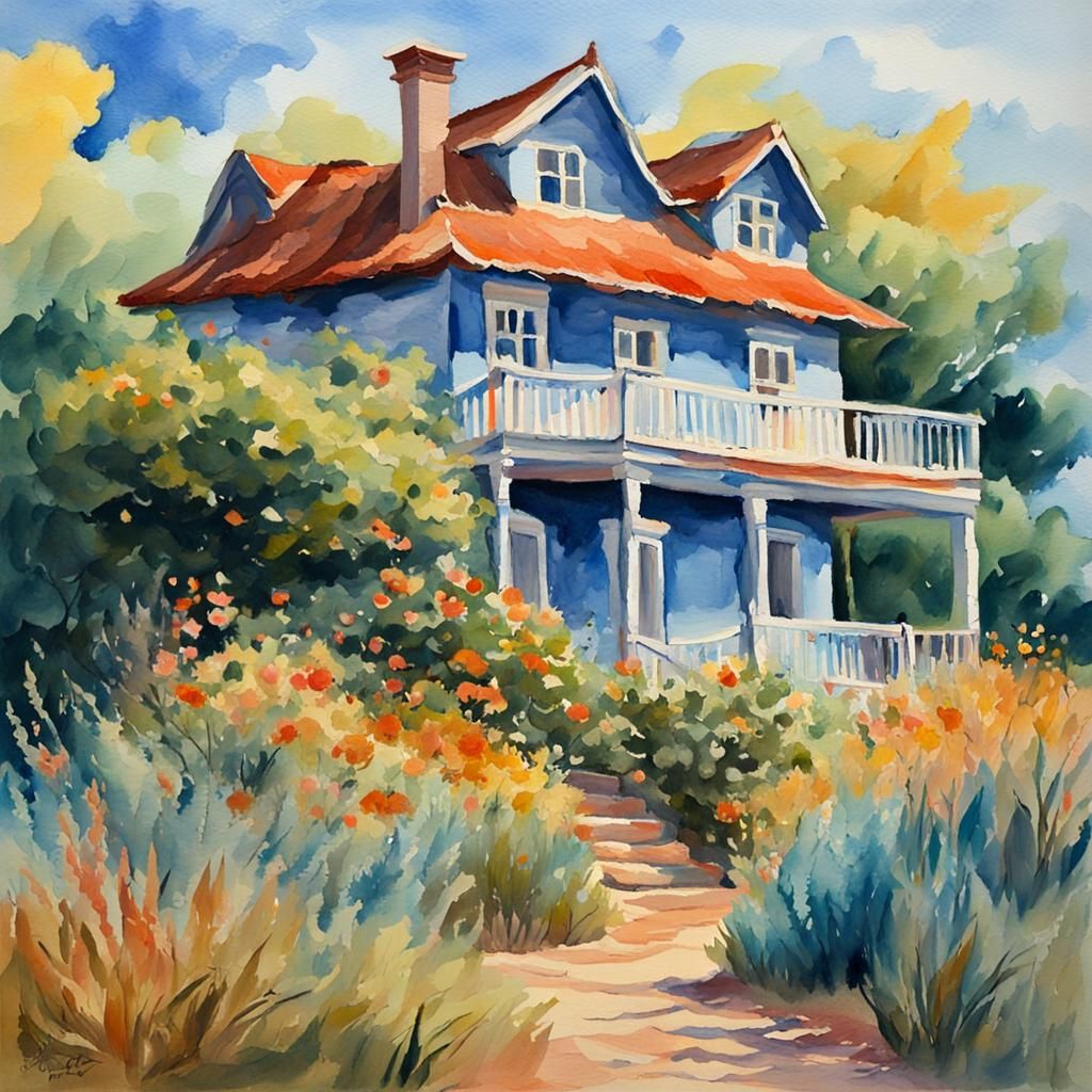 Seashore House in Gouache Style Watercolor
