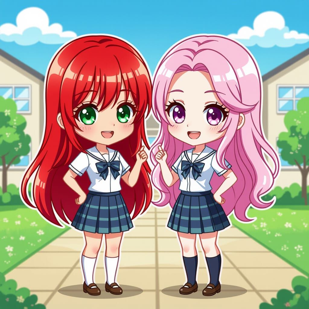 Chibi Japanese Schoolgirls Posing Together