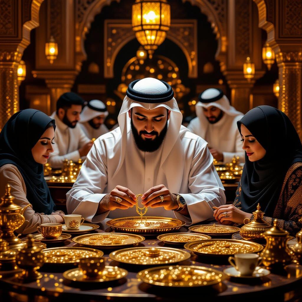 Arab Goldsmith Crafting Gold Jewelry in Islamic Art Style