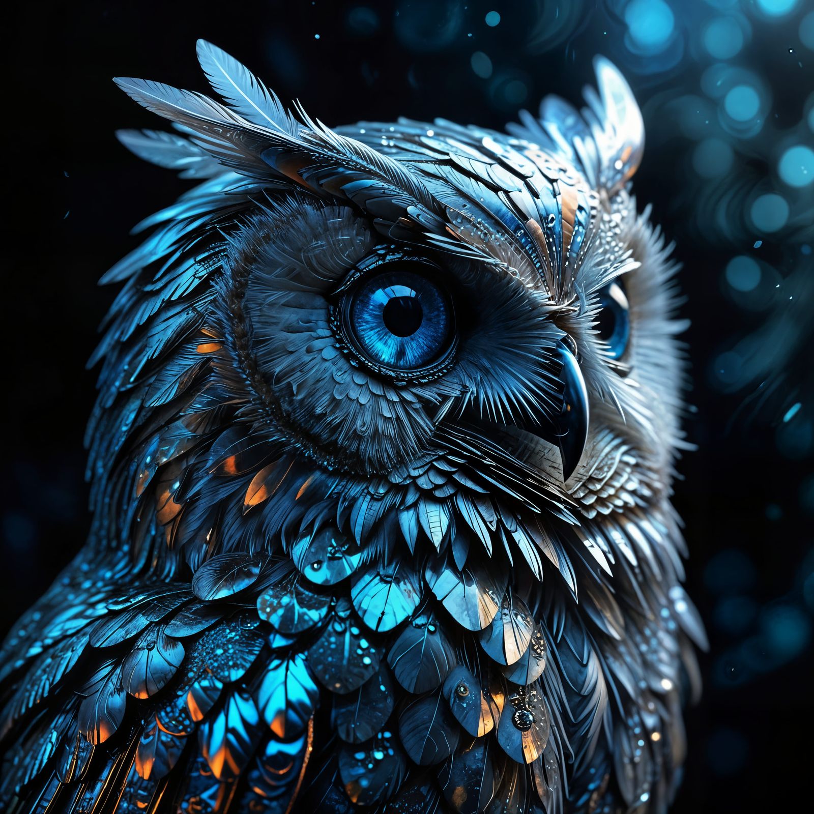 Crystallized Chrome Owl in Surreal Dark Art Style