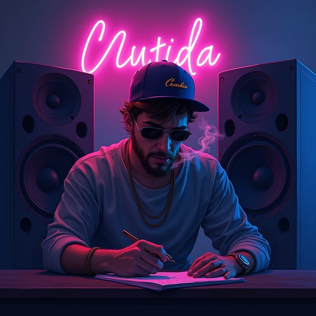 Man Writing Lyrics with Speakers, Vibrant Digital Painting