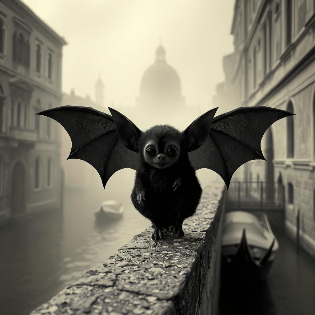 Mystical Bat Baby in Venice: Sepia Photograph