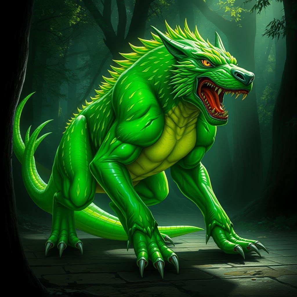 Glowing Emerald Canine Creature in Dark Forest