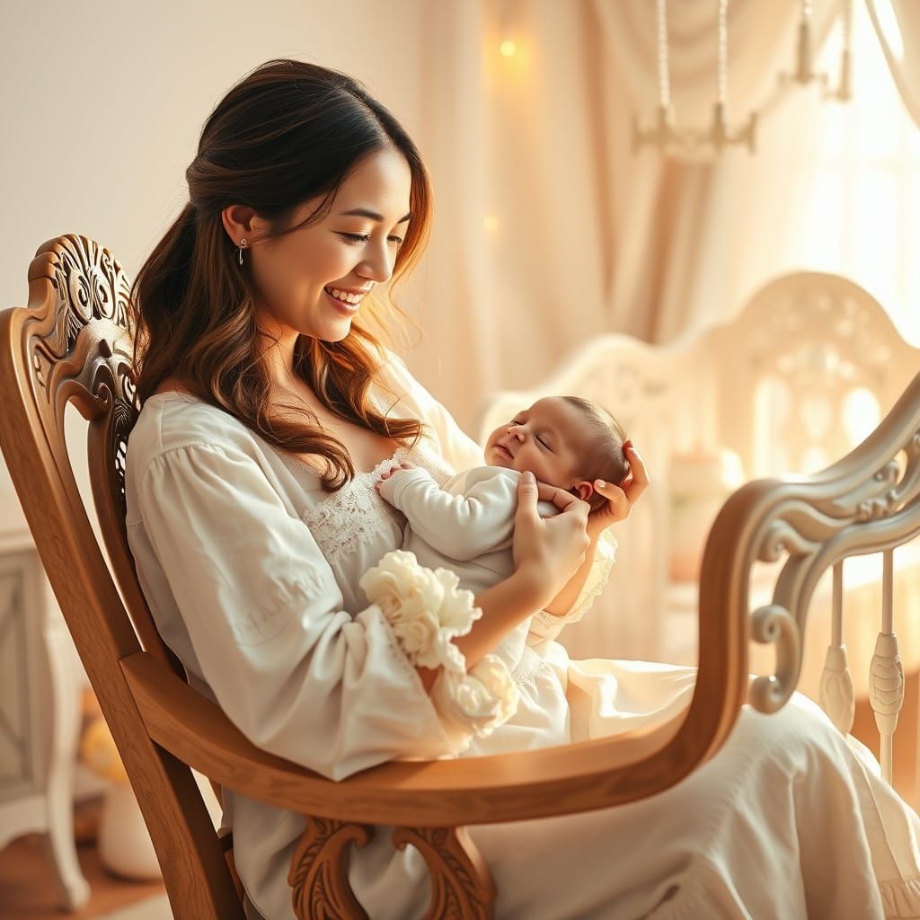 Serene Mother Cuddles Newborn Baby in Gentle, Golden Light
