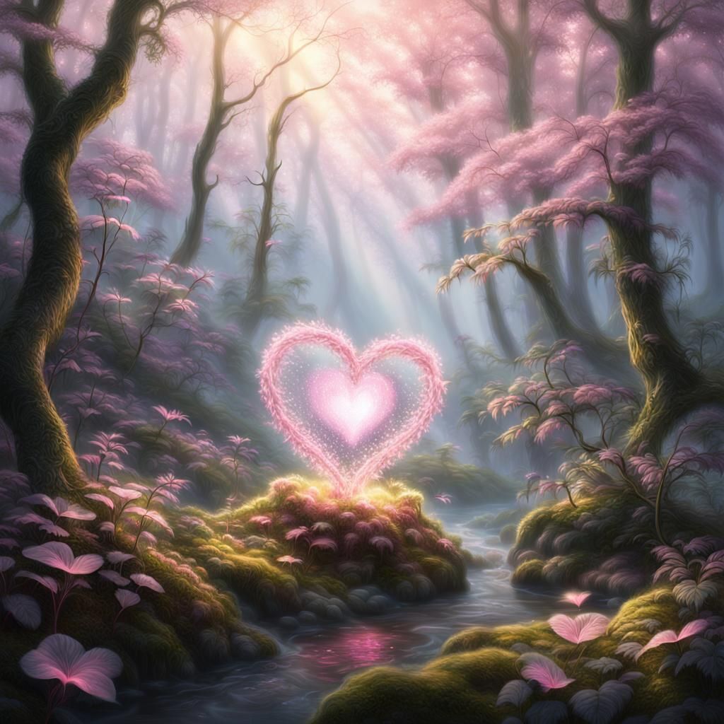Ethereal Pink Heart in Mystical Forest