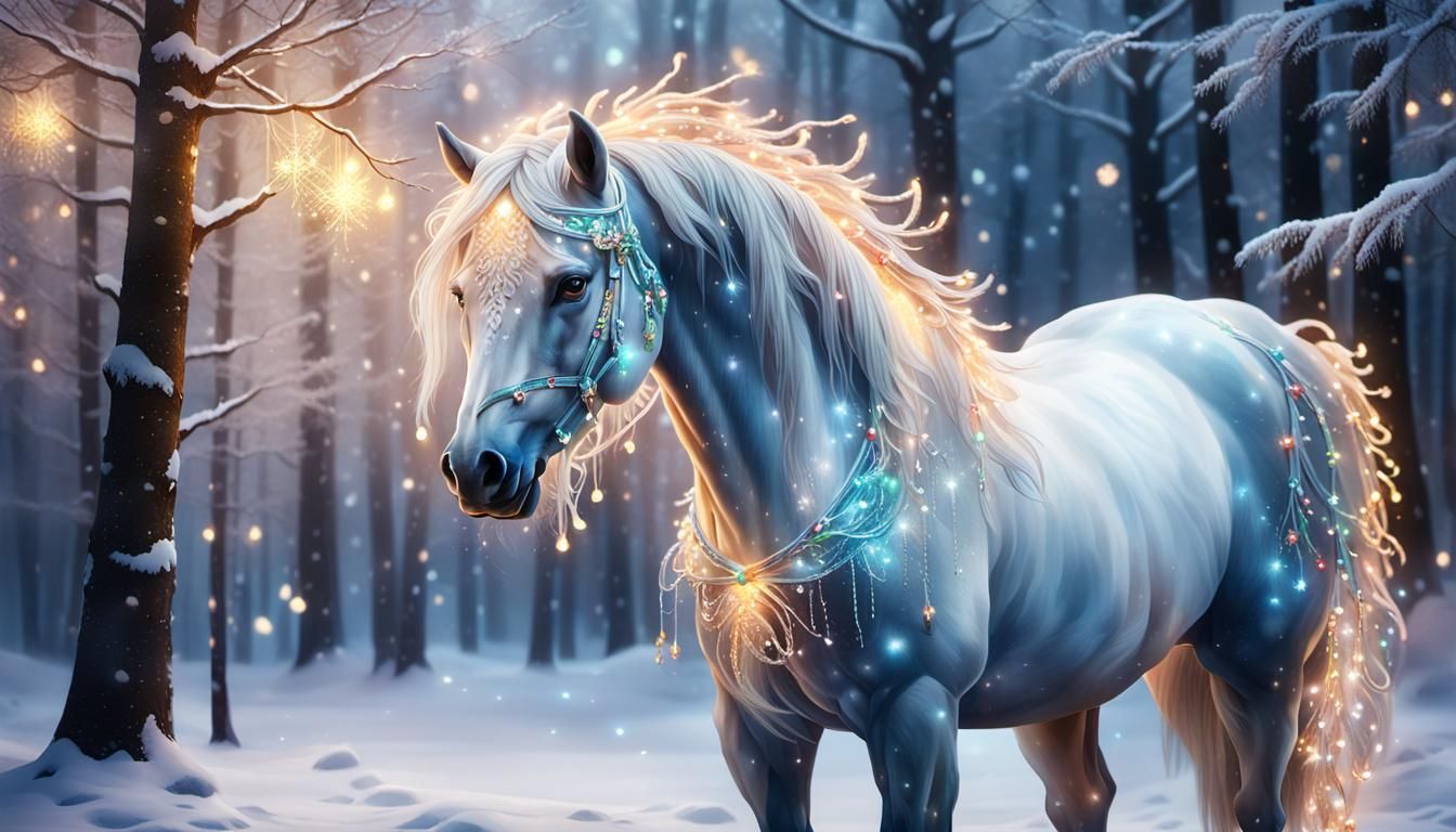Magically Adorned Christmas Horse in Snowy Wonderland