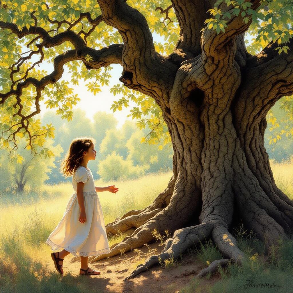 Blind Girl Reaches Out to Ancient Oak Tree in Golden Light