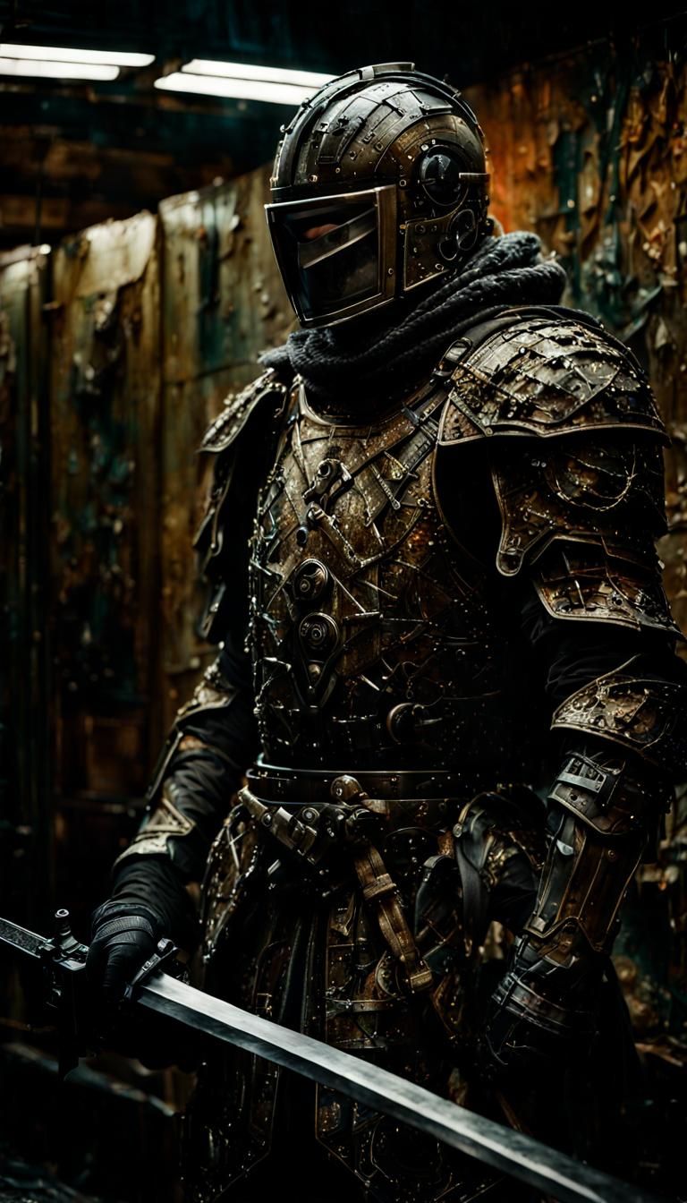 Stoic Knight Assassin in Hyperrealistic Film Photography