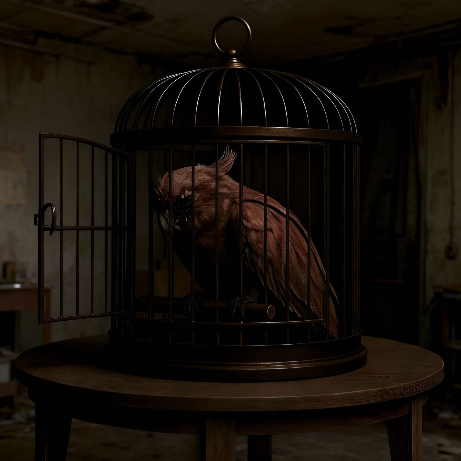 Weary Cockatoo Trapped in Open Cage