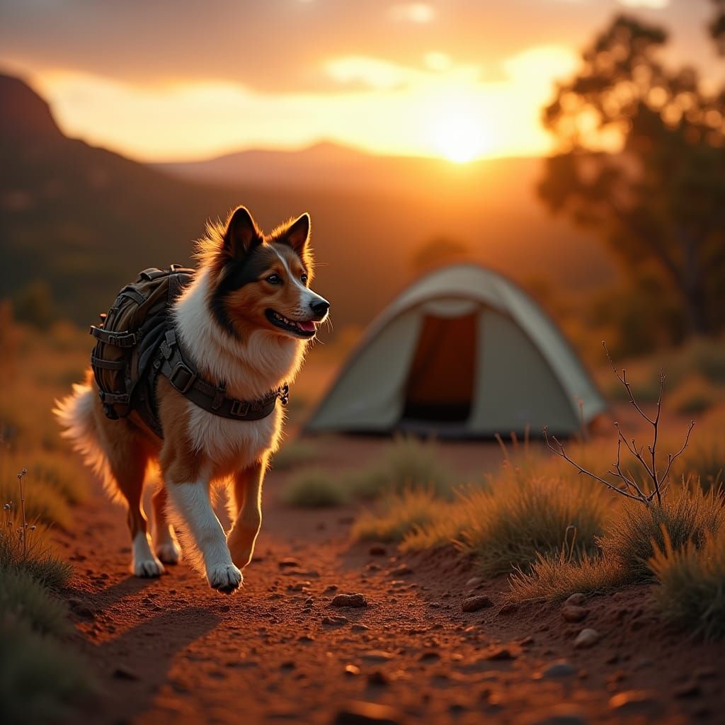 Border Collie Hikes in Australia at Sunset