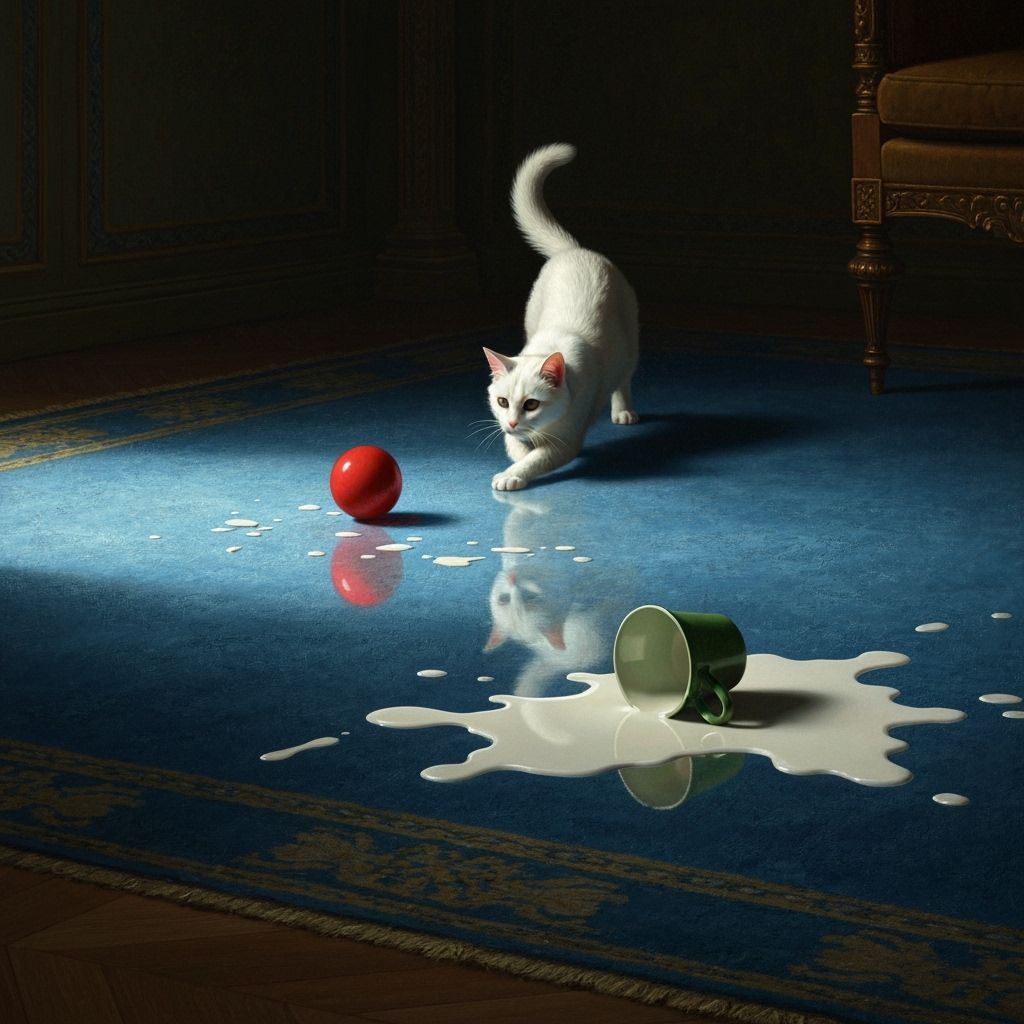 Elegant Cat Chases Red Ball on Baroque Carpet