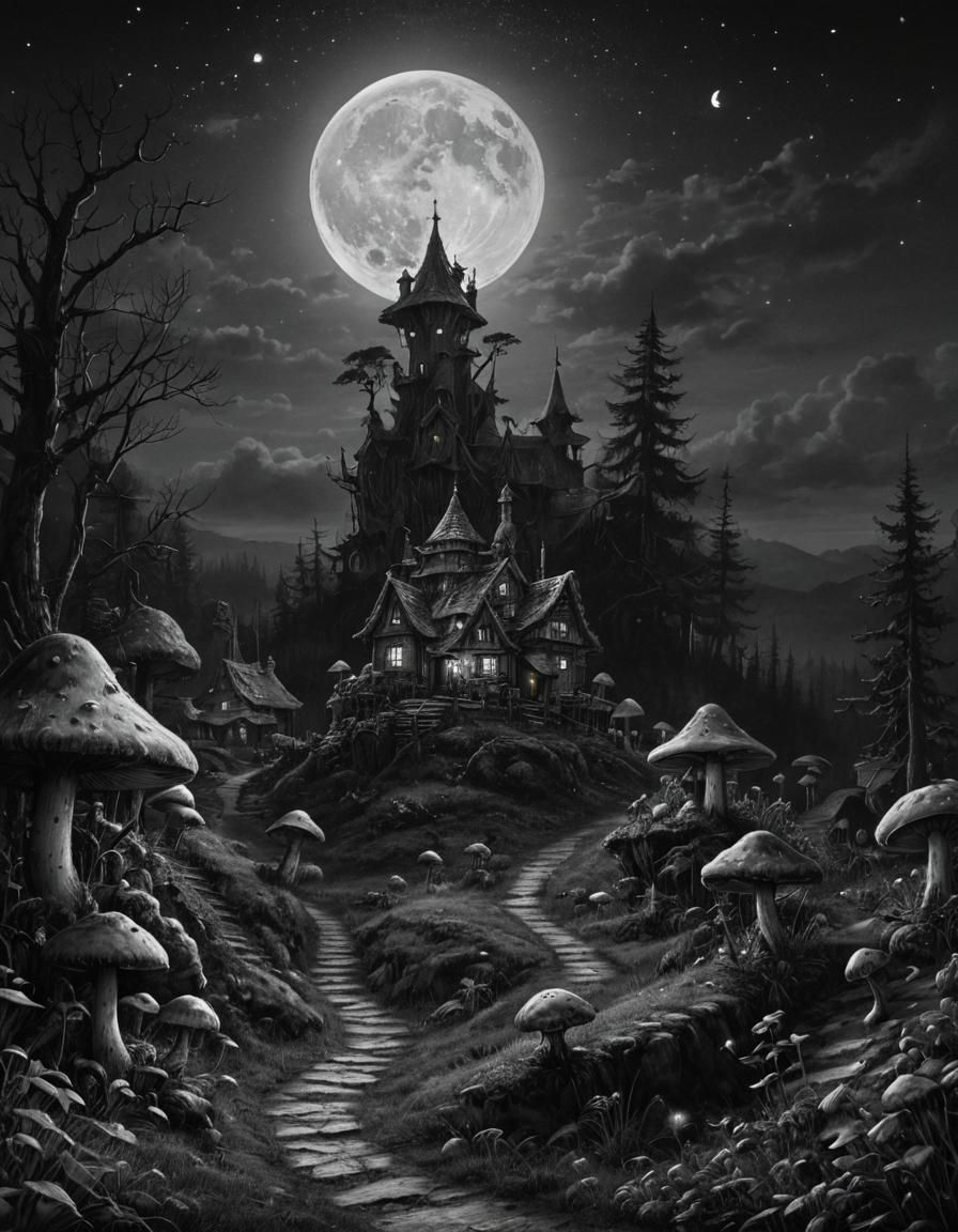 Moonlit Fairy Village Concept Art in Ink
