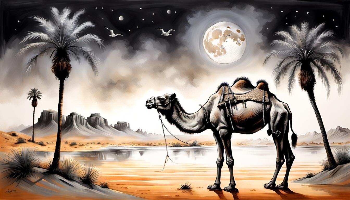 Desert Oasis Camel in Chalk Art Style