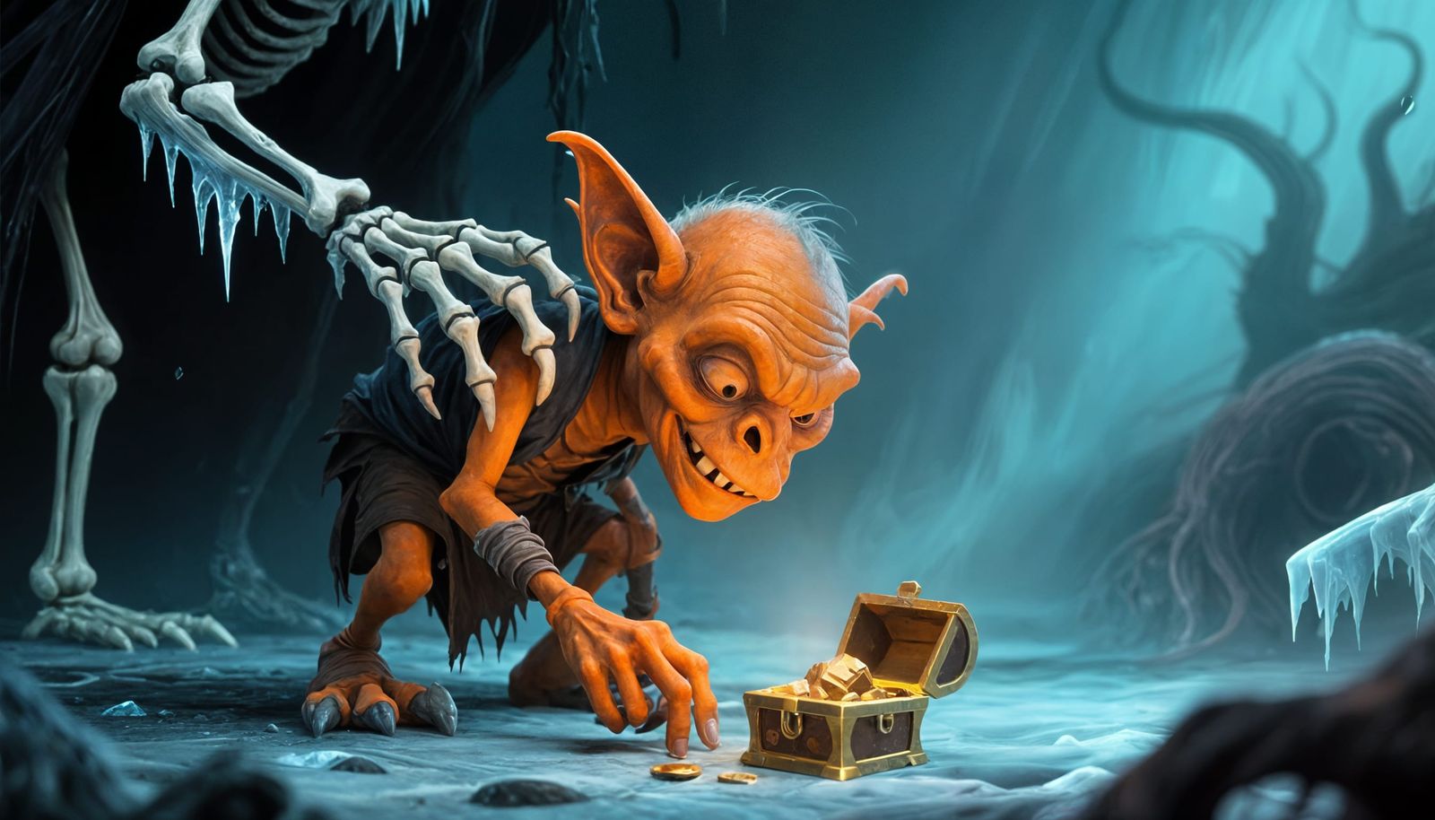 Goblin Scavenger Touched by Eldritch Hand in Dark Fantasy