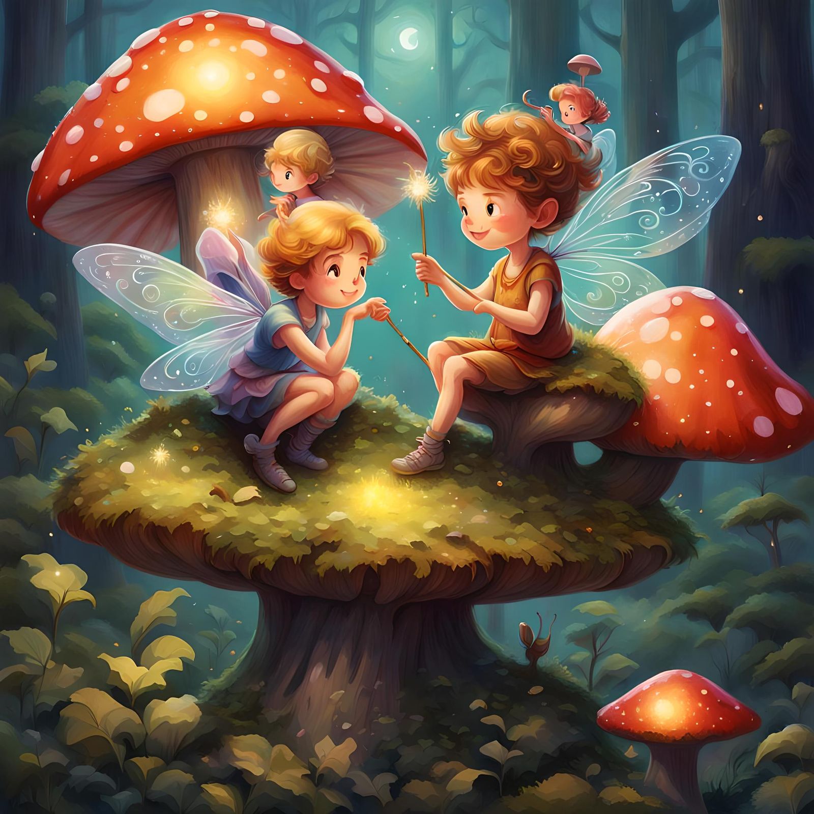 Mischievous Fairies in Enchanted Forest with Sparkling Dust
