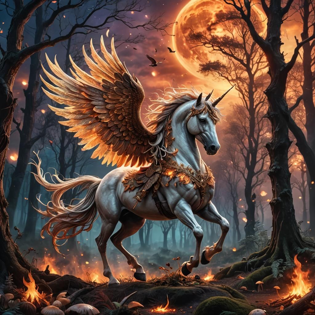 Phoenix Rising and Unicorn in Mystical Forest