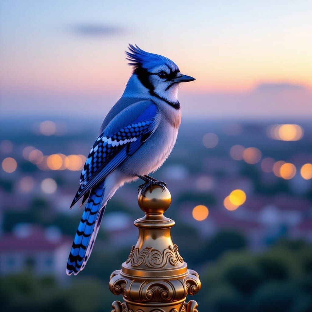 Iridescent Jay on Golden Spire in Twilight