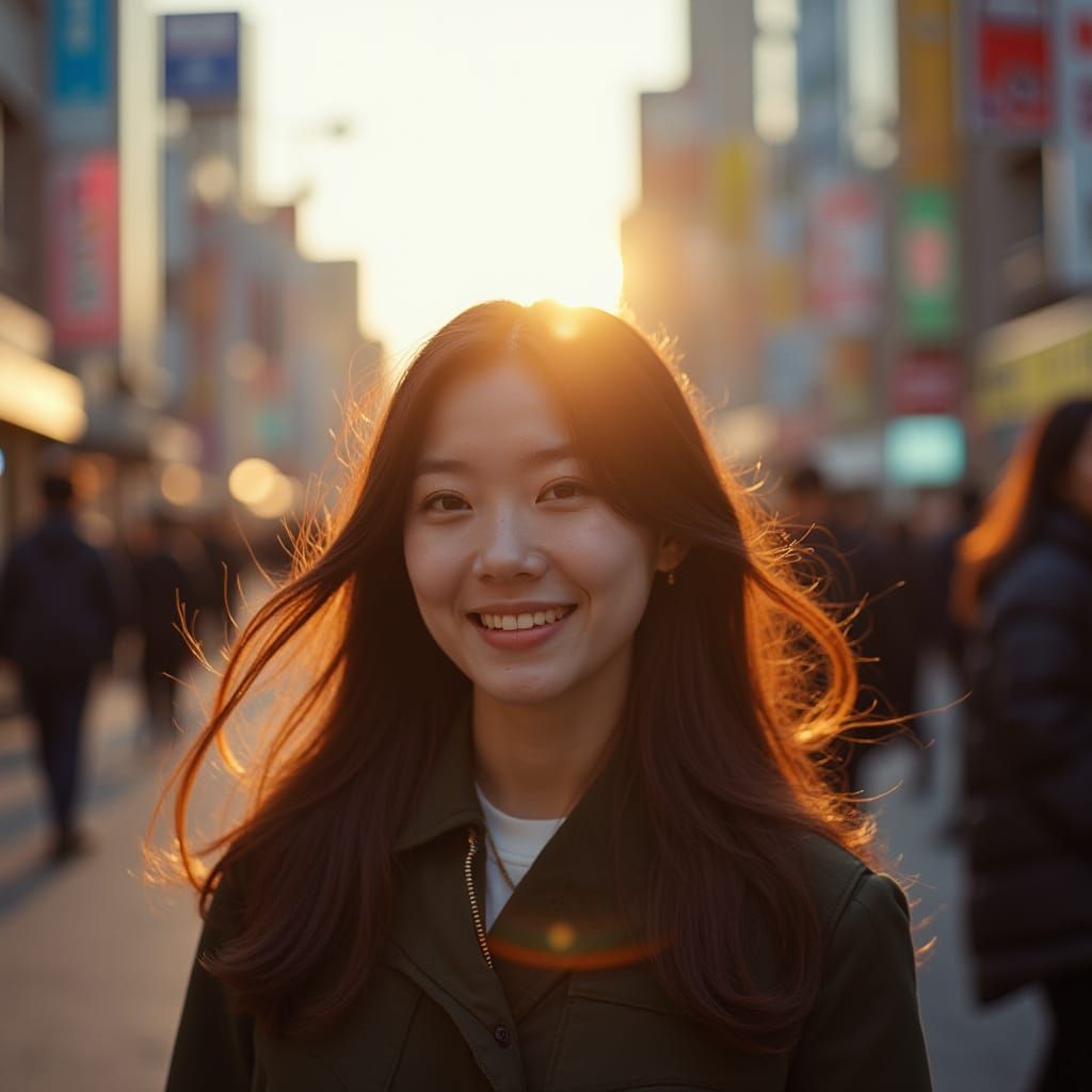 Woman Smiling on Tokyo Street in Golden Hour Light