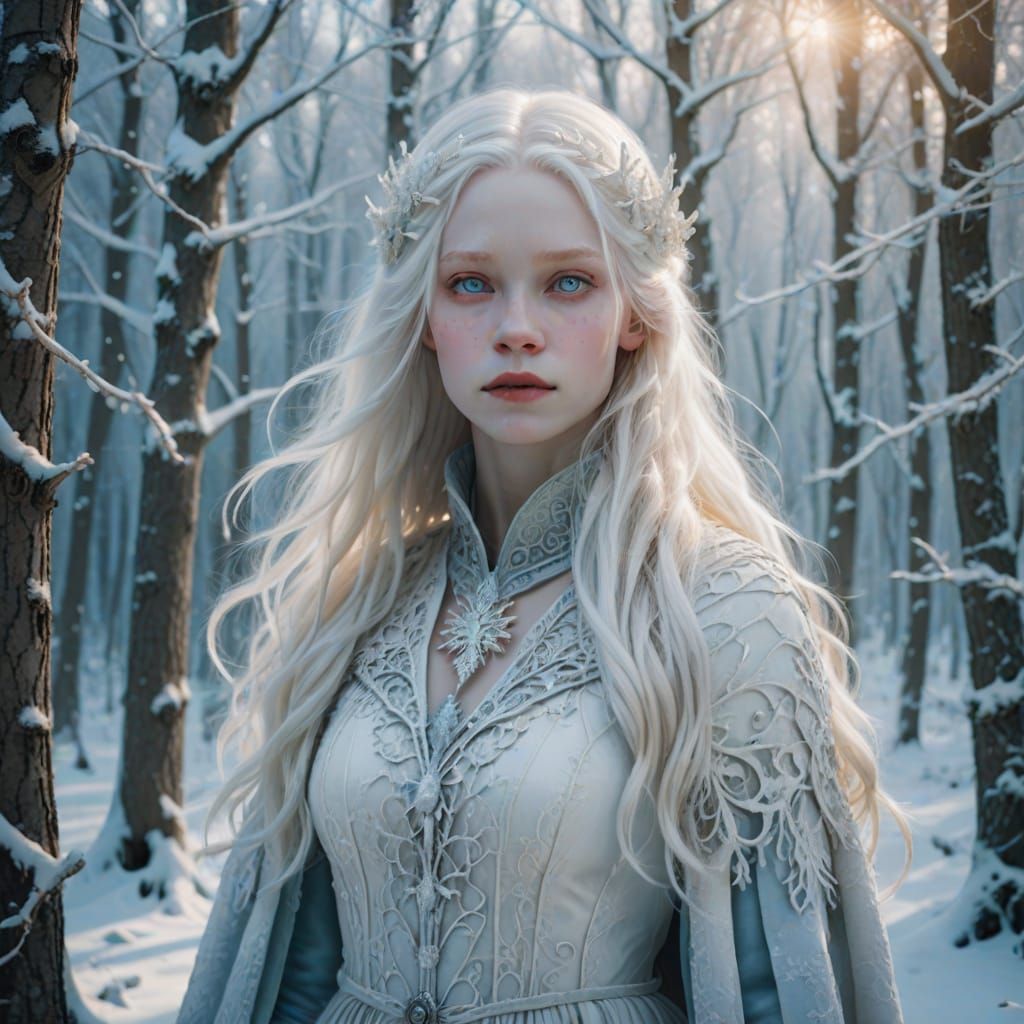 Ethereal Albino Woman in Snowy Forest