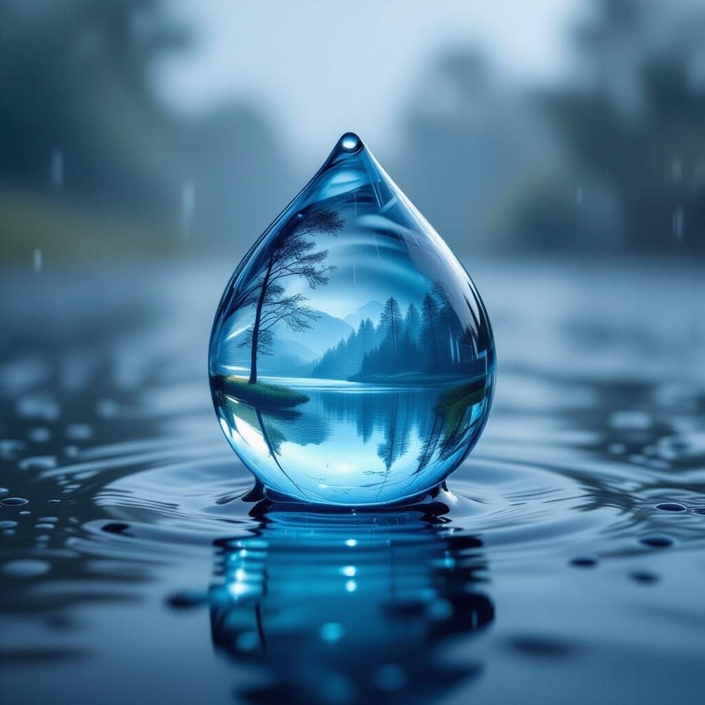 Hidden Water World Inside Droplet on Rainy Day