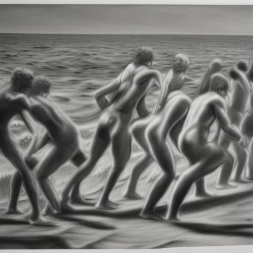 Hyperdetailed Charcoal Drawing of a Beach Party