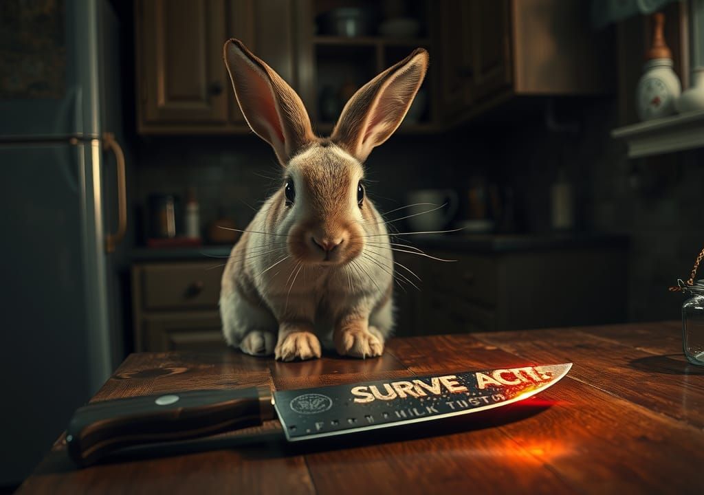 Rabbit and Cursed Knife in Dark Sci-Fi Style
