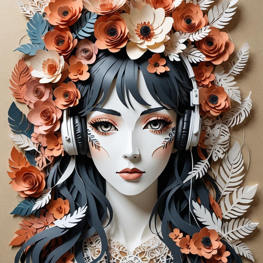 Detailed Kirigami Paper Cut Anime Girl Portrait