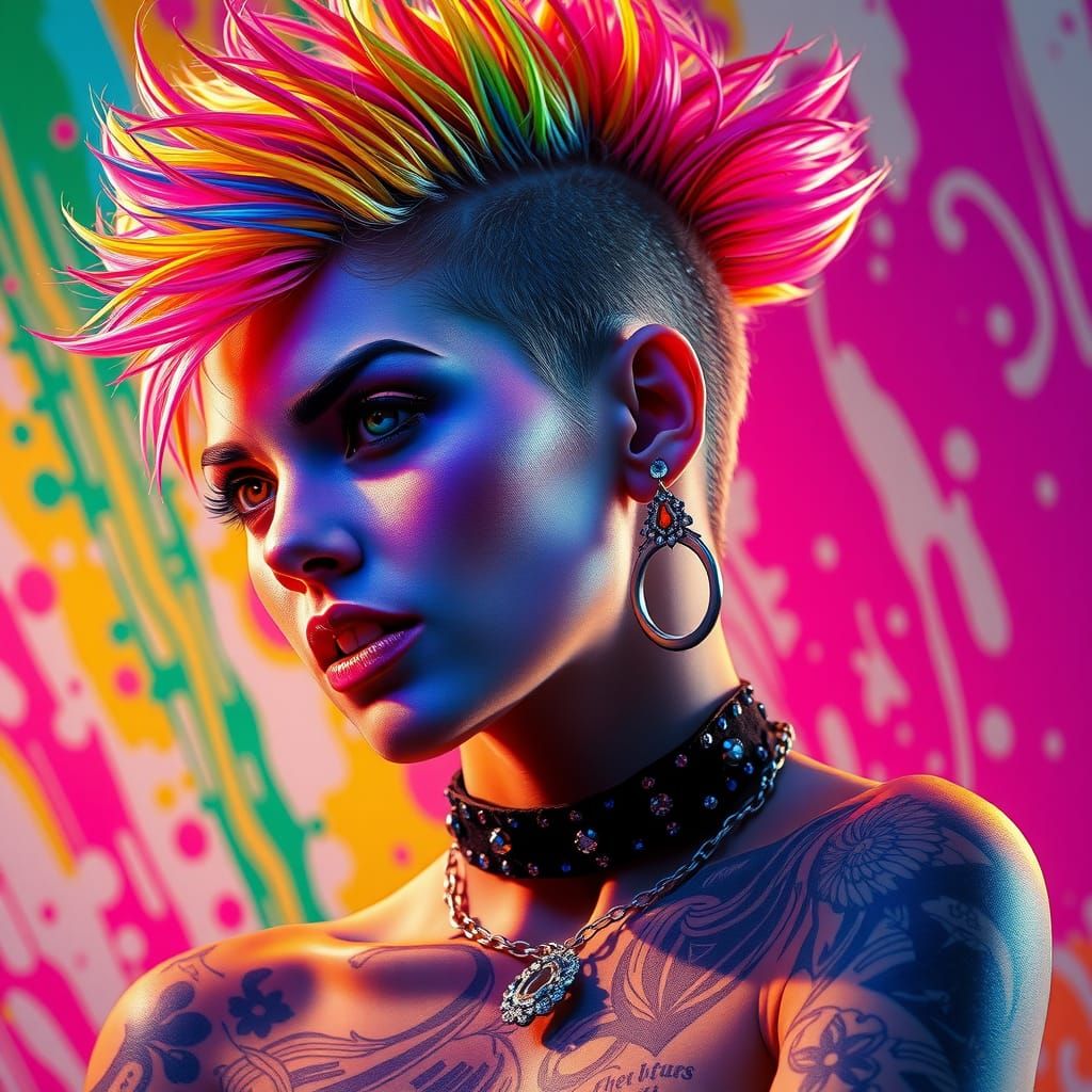 Vibrant Punk with Rainbow Hair and Full Body Tattoo