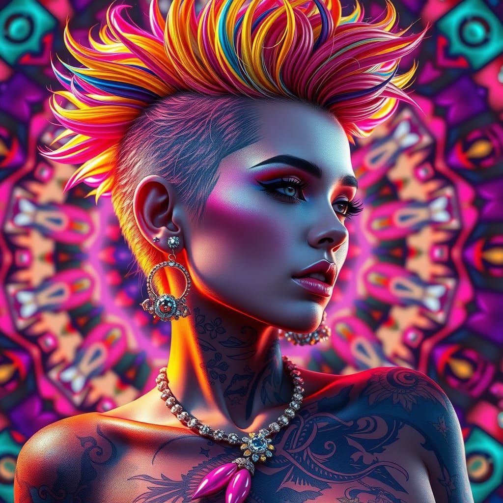 Vibrant Tattooed Woman with Rainbow Hair in Neon Style