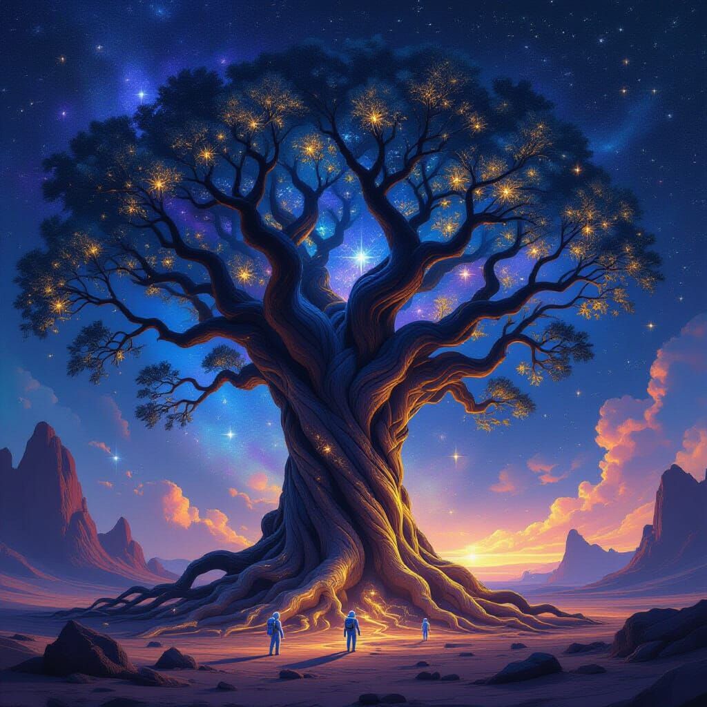 Cosmic Tree on Alien Planet with Astronauts