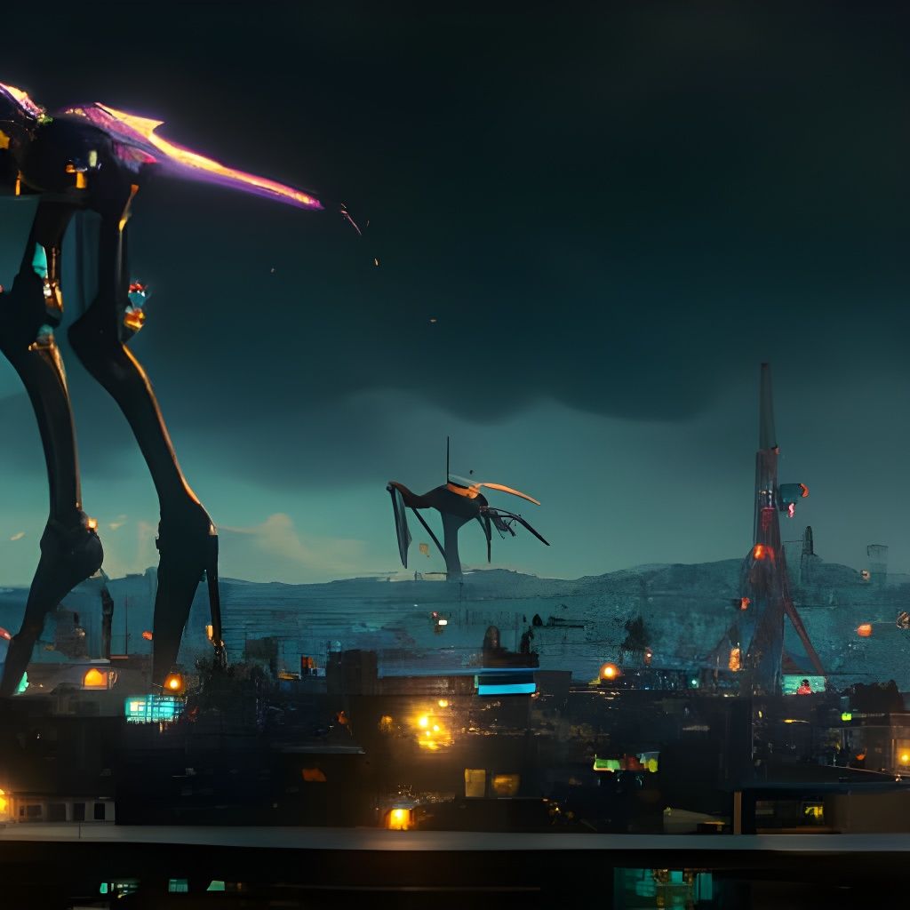 War of the Worlds Tripod Over Town at Night