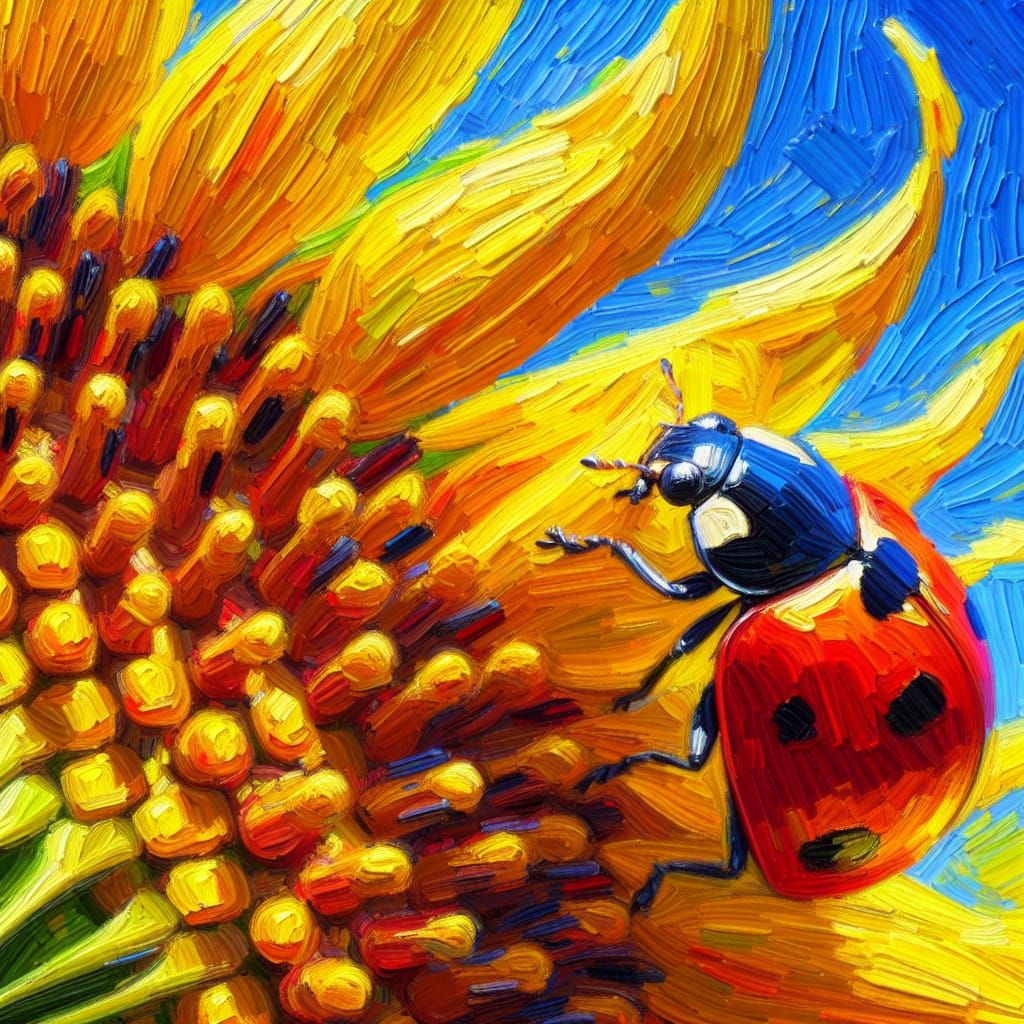 Ladybug on Sunflower in Impasto Style