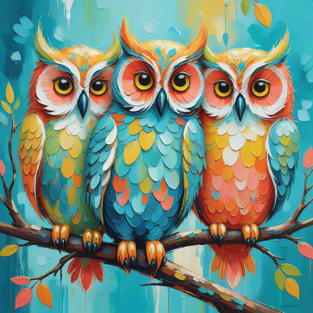 Vibrant Fauvist Fantasy of Three Whimsical Owls