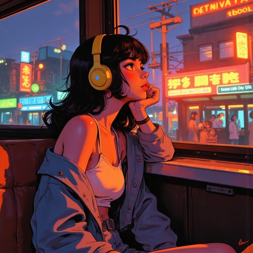 Girl on 80s Train in Vaporwave Sunset