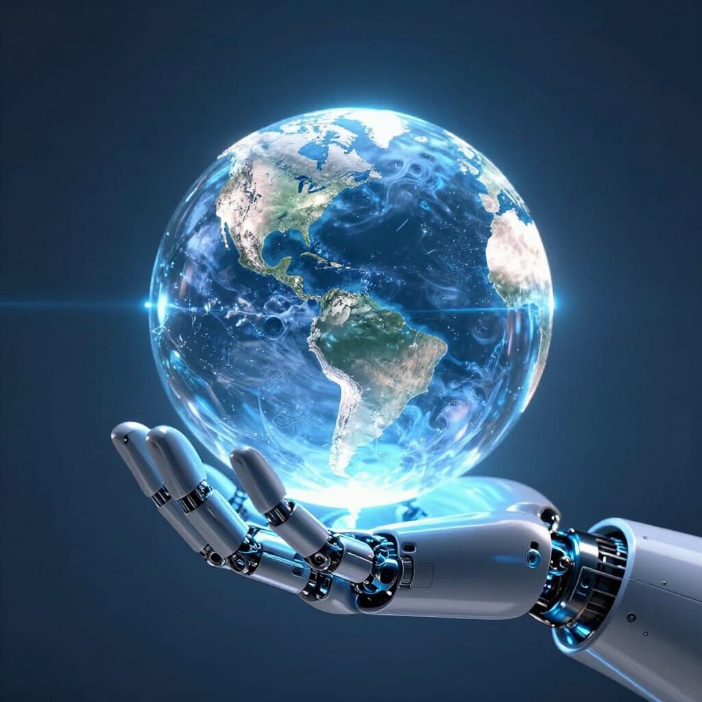 Robotic Hand Holds Glowing Earth in Blue AI Tech Scene