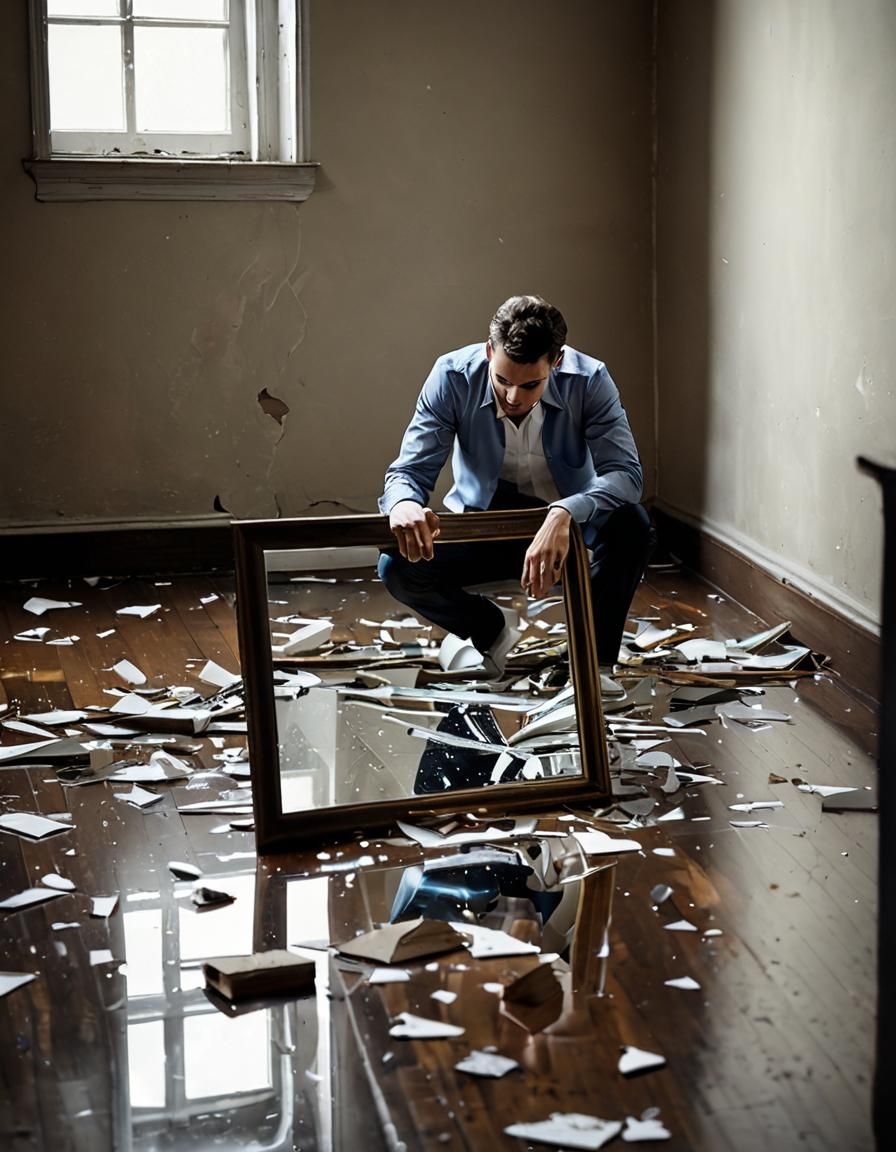 the (disjointed reflection)+++ of a man holding the frame of...