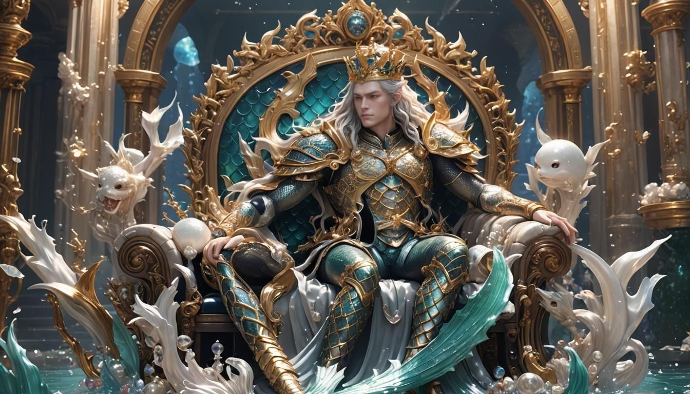 Mermaid King on Pearly Throne in 3D Anime Art