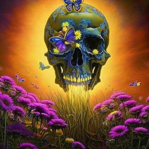 Skull with Daisies and Butterflies in Hyperdetailed Style