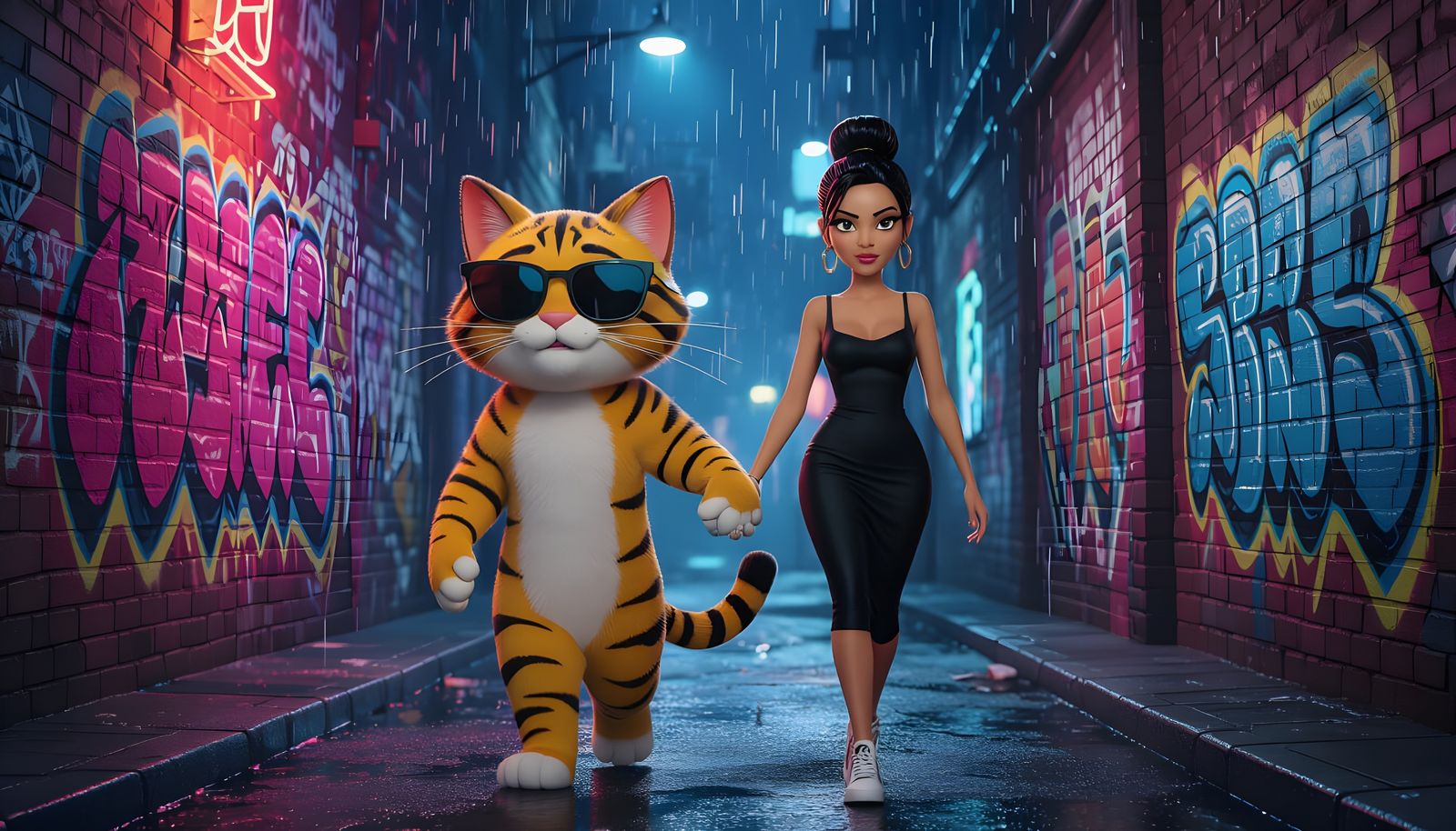 Cartoon Cat Protector in Neon Alleyway Film Noir Style