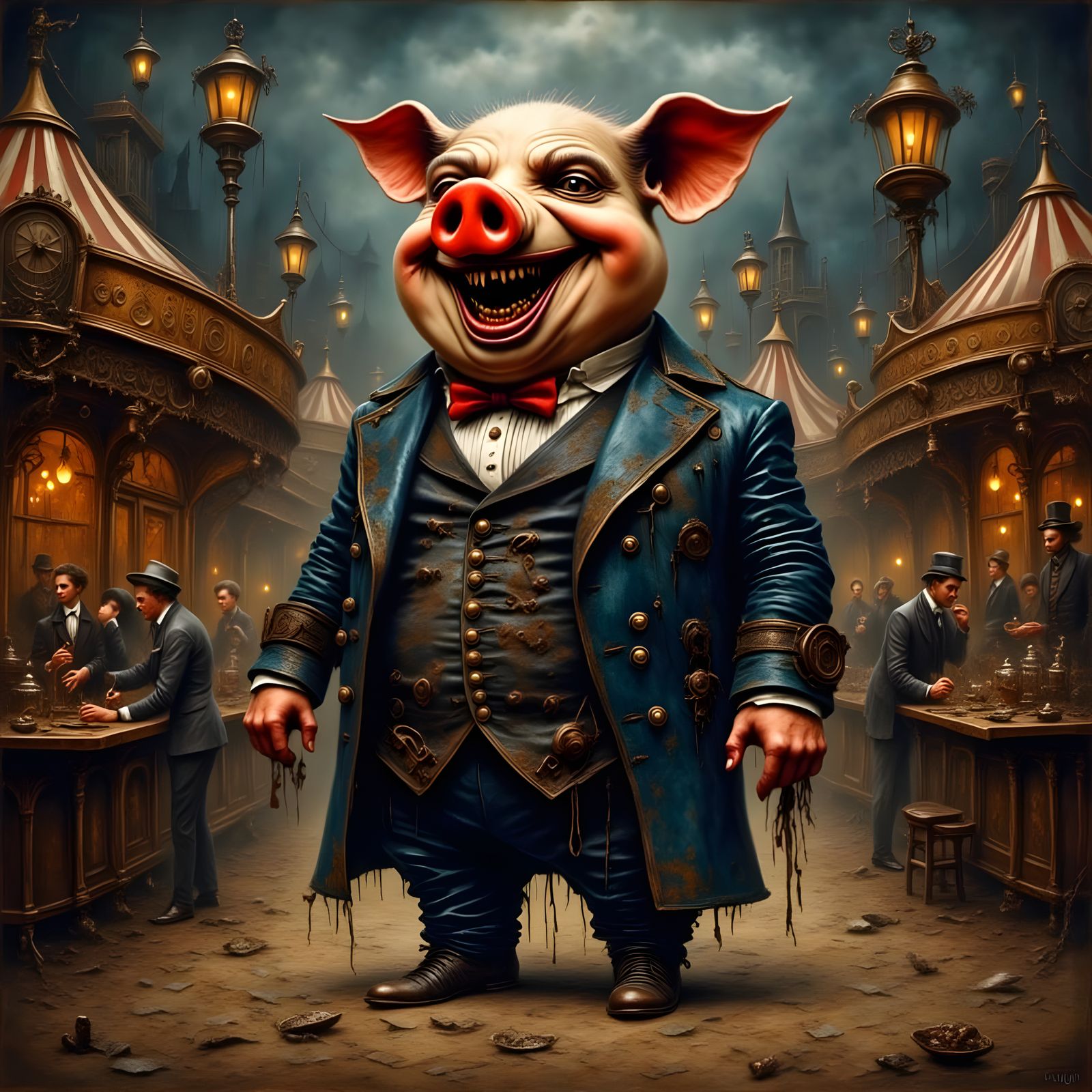 Steampunk Carnival Nightmare in Vibrant, Caricatured Style