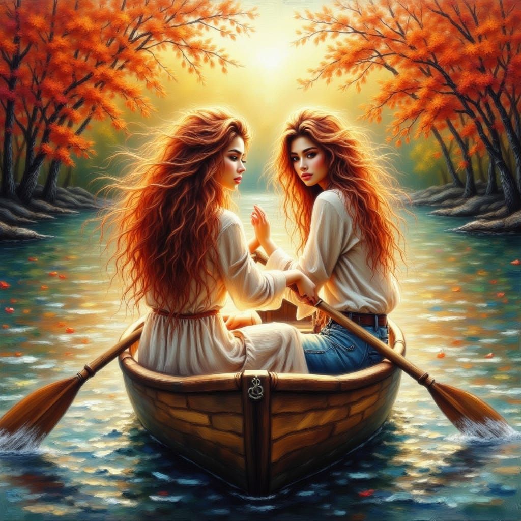 Woman Rowing Boat on Autumn Lake Oil Painting