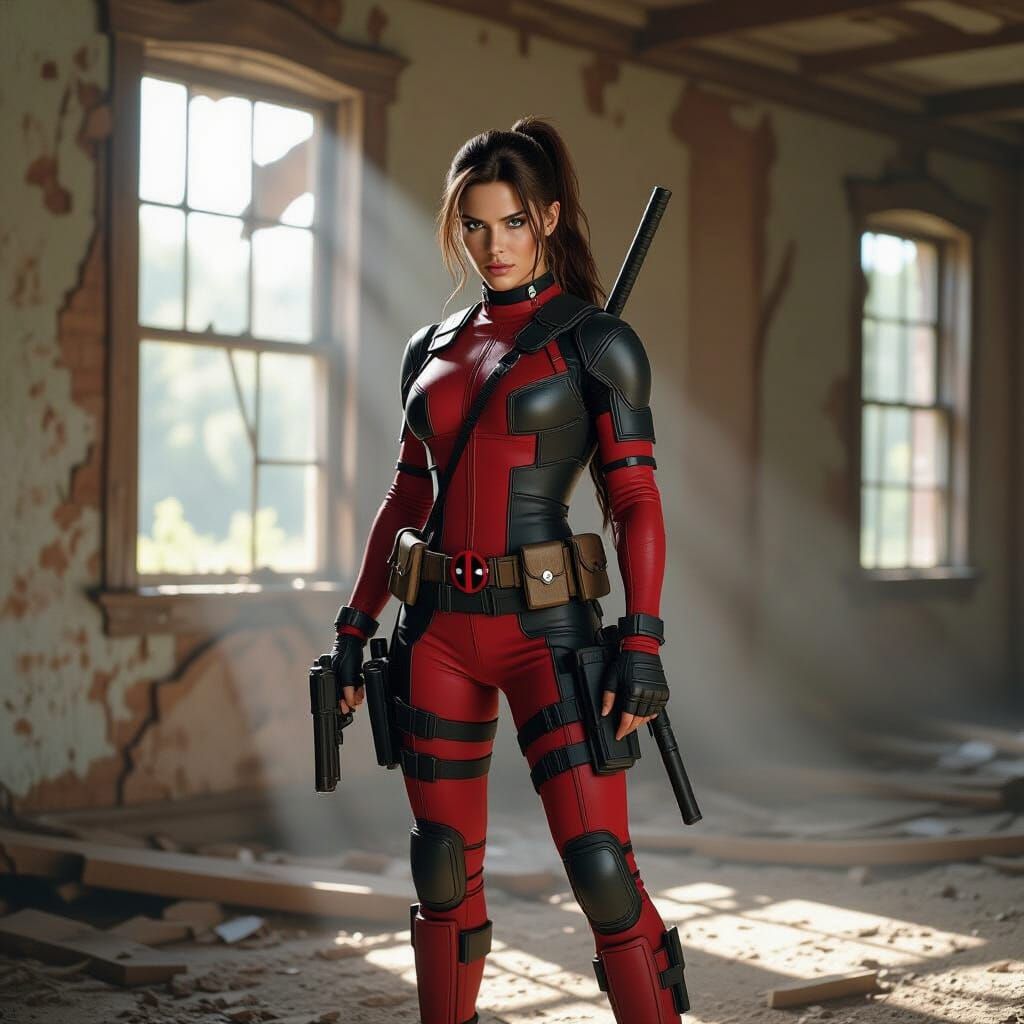Lara Croft in Deadpool Costume in Abandoned House