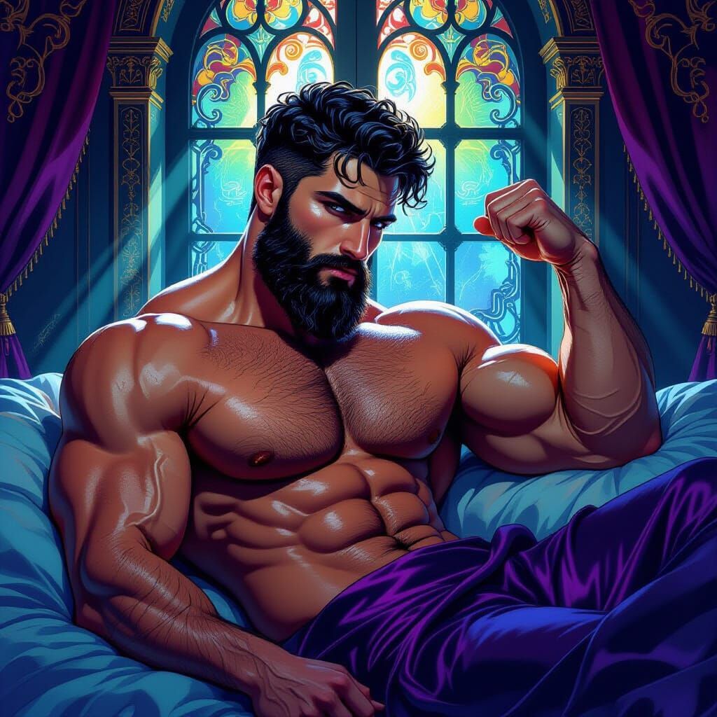 Muscular Man in Opulent Silk Garment, Ink Drawing Style