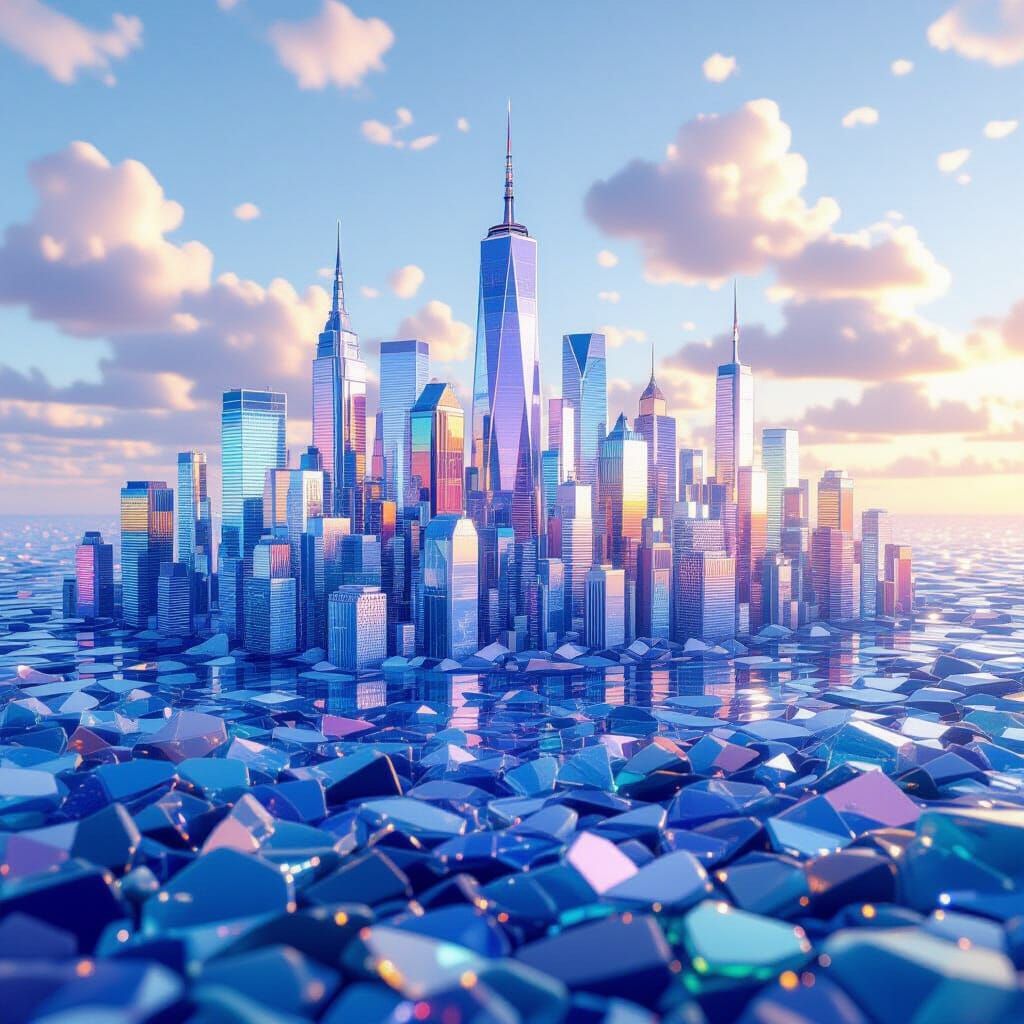 Fantastical Sea Glass City with Prismatic Reflections